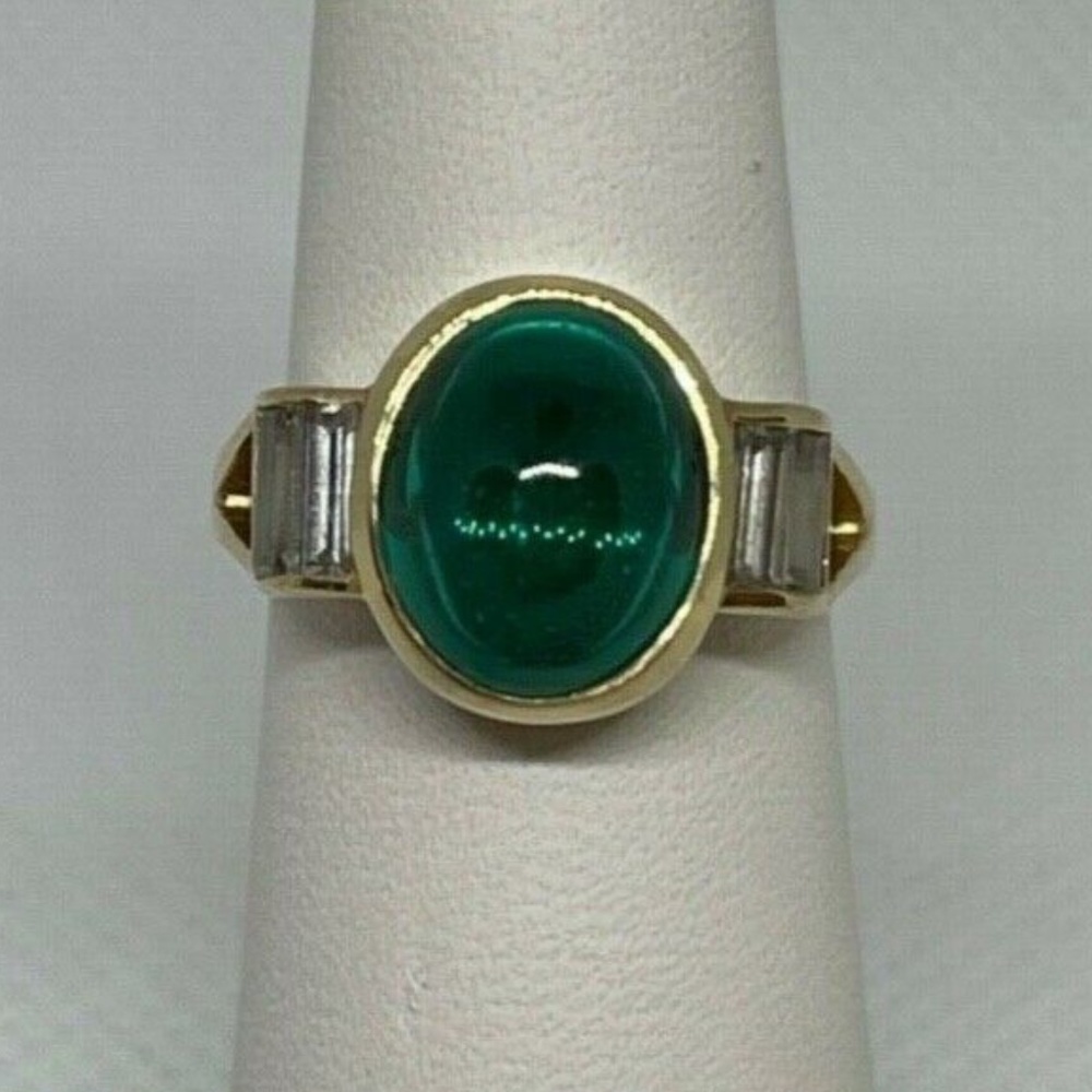 Ladies Synthetic Cabochon Emerald and White Sapphire 14K Yellow Gold Ring